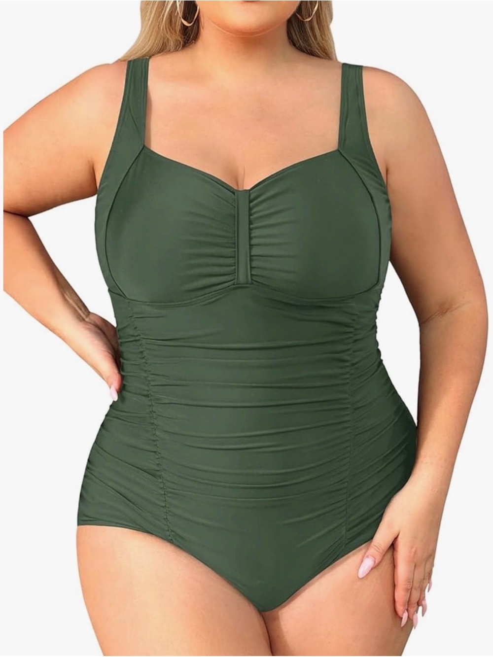 Plus-Size Olive Green One-Piece Swimsuit with Ruched Front
